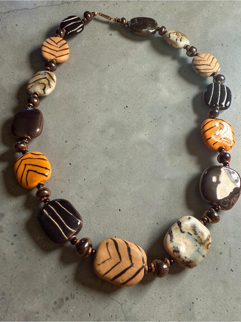 Handcrafted Ceramic Bead Necklace - Brown & Orange